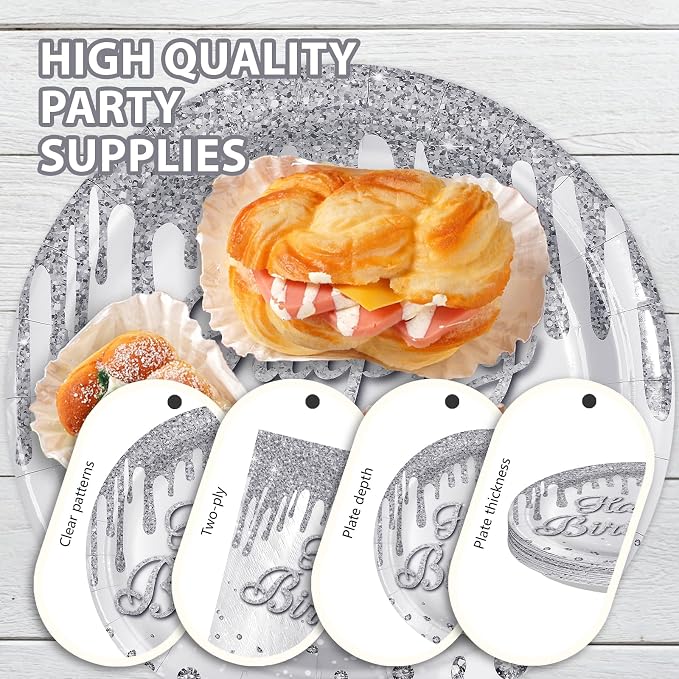 96 Pcs Silver Glitter Party Supplies Silver Plates and Napkins Glitter Diamonds Theme Birthday Decorations for Denim and Diamonds Wedding Silvers Birthday Party Decorations Serves 24