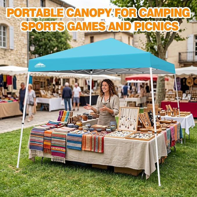 EAGLE PEAK 10x10 Slant Leg Pop-up Canopy Tent Easy One Person Setup Instant Outdoor Beach Canopy Folding Portable Sports Shelter 10x10 Base 8x8 Top (Light Blue)