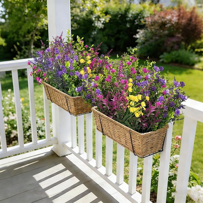 Artificial Flowers for Outdoors, UV Resistant Fake Plants for Spring Outside Window Box Hanging Planters Porch Realistic Plastic Faux Flower Bulk for Wedding Garden Decor(12,Purple,Red,Yellow)