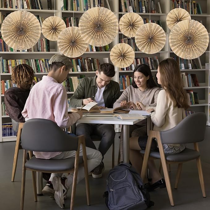 Feifeiya 12 Pcs Vintage Book Hanging Paper Fans 8'' 12'' 16'' Vintage Pages Book Paper Fans Set Round Kraft Newspaper Hanging Ornaments Decorations for Library Club Birthday Wedding Events Party