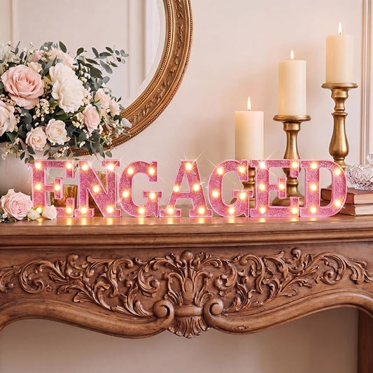 Honoson 7 Pcs 6.5 Inch Engagement Party Decorations Pink Warm Engaged LED Letter Lights Sign Lights Table Decoration for Wedding Engagement Bridal Shower Engaged Party Decor