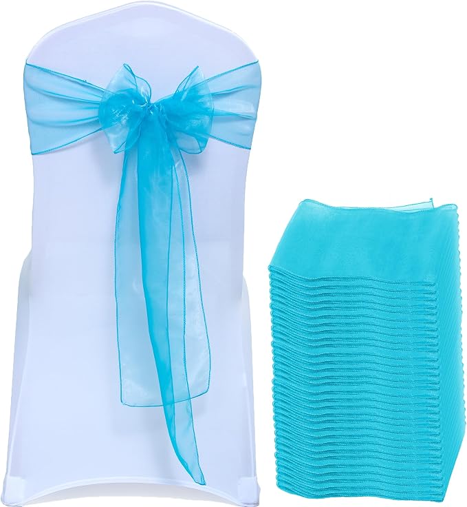 MDS® Pack of 150 Organza Chair Sashes for Wedding Decoration, Reusable Sheer Chair Bows for Banquet Chair Cover, Reception, Bridal Shower, Baby Shower, Birthday Party & Special Events - Light Teal