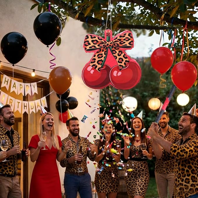 VioraWhite Cherry Leopard Print Piñata Set Cherry Cheetah Piñata Game with Blindfold Hitting Stick Cheetah Print Red Black Party Theme Decoration for Bachelorette Jungle Animals Women Party Supplies
