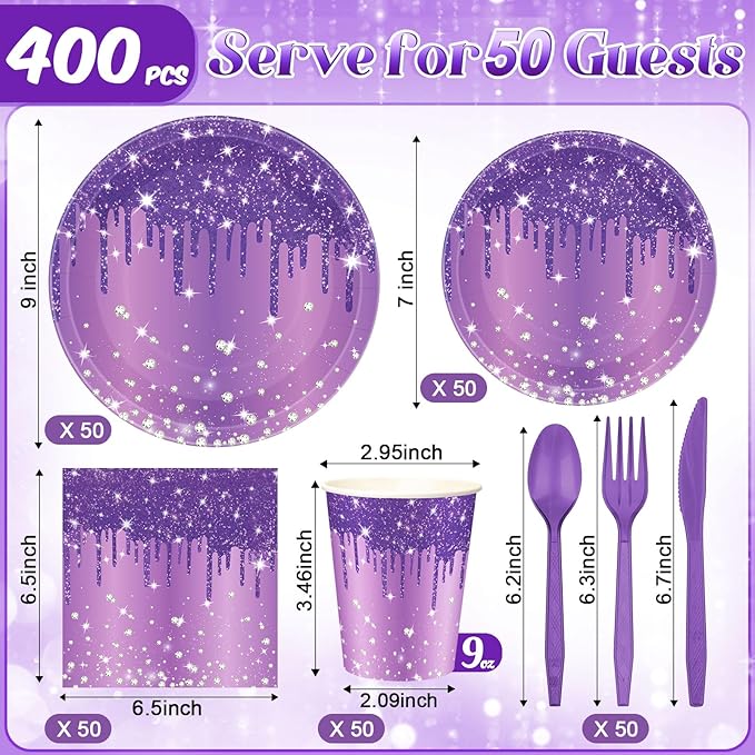 400 Pcs Purple and Silver Birthday Party Supplies Disposable Paper Plates Purple Glitter Diamonds Napkins and Cups for Women Birthday Anniversary Wedding Party Decorations Supplies