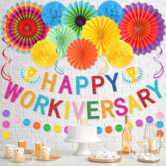 Roetyce Work Anniversary Party Decorations Women Men, Colorful Happy Workiversary Banner Paper Fans, Happy Work Anniversary Photo Backdrop Background for Employee Coworker Office Party Supplies
