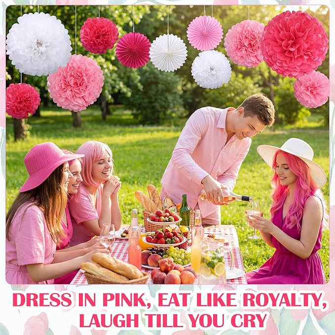 Janinka 60 Pcs Pink Party Decorations- Tissue Paper Pom Poms and Fans Ceiling Decorations Tissue Flowers for Birthday, Baby Shower, Bachelorette Bridal Wedding Supplies