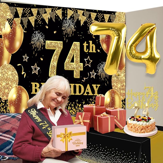 74th Birthday Decorations Men Women with 74th Birthday Banner, Black and Gold Table Cloth, Number Balloons, Large Sash, Cake Topper and Candles