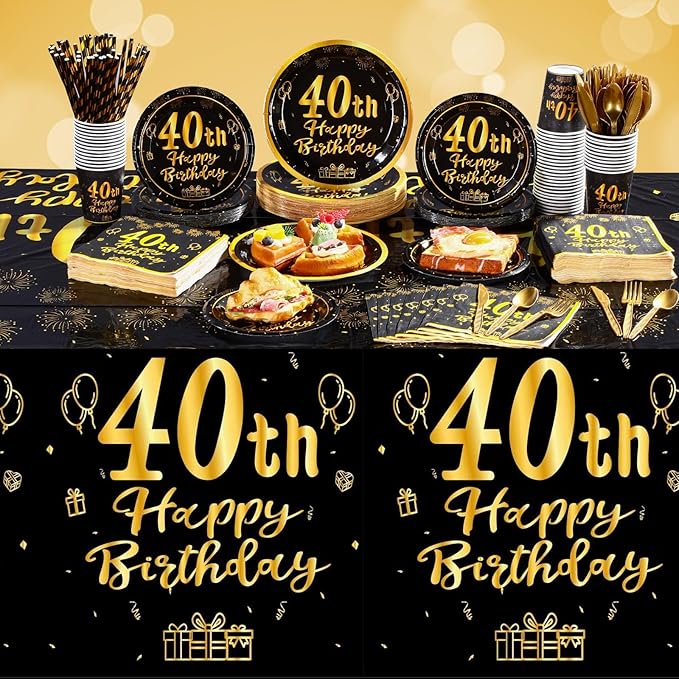 Funnymoom 452 Pcs 40th Birthday Party Decorations Set for Men Women, Black and Gold Happy 40th Birthday Paper Plates Napkins Cups Tablecloth Cutlery Straws for Cheers to 40 Years Anniversary Party