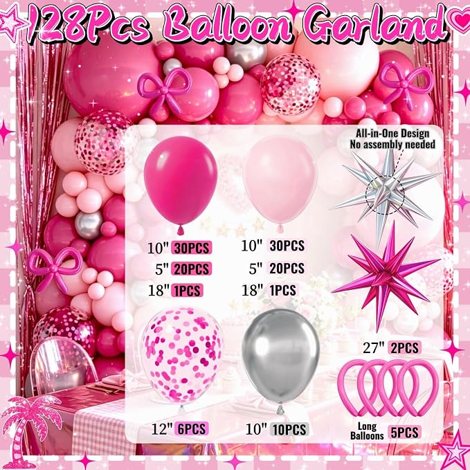Pink Birthday Party Decorations for Girls, 135pcs Complete Kit - Rose Gold Balloons, Happy Birthday Banner, Backdrop, Tablecloth, Fringe Curtain, Sash for Girls Birthday Decor