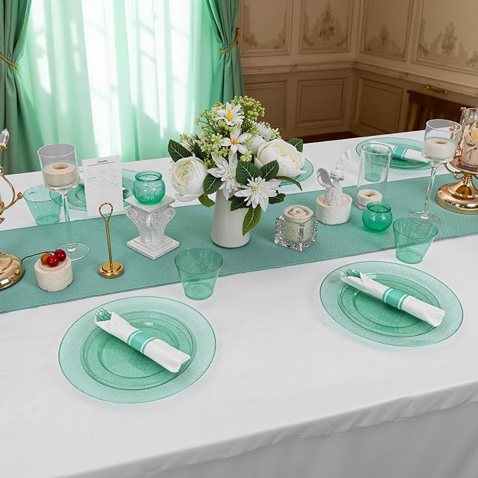 DaYammi 350 Pieces Green Glitter Dinnerware Set 50 Guest for Party St Patricks Day Plates - 50 Dinner Plates, 50 Dessert Plates - 50 Per Rolled Napkins with Green Cutlery - 50 Disposable Cups 9 OZ