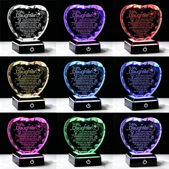 Daughter Best Birthday Graduation Gifts Ideas for Daughter Crystal Heart Plaques Gifts for Crystal Keepsake Present with Light Base Gift for Daughters on Christmas Valentines Mothers Day