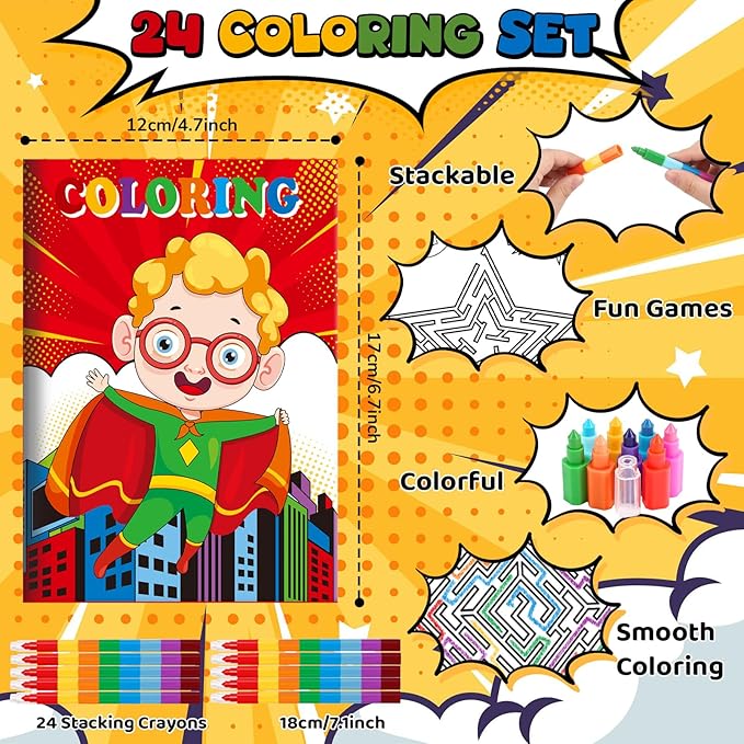 BenLouis 24 Hero Mini Coloring Books Kids with 24 Stacking Crayons Hero Party Favors Activity Books Bulk for Kids Hero Goodie Bag Gift Stuffer Classroom Reward