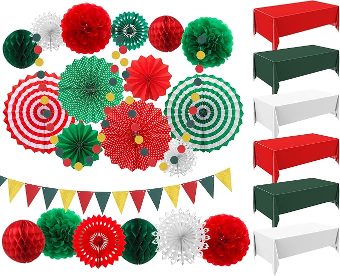 Fullhawl 27 Pcs Mexican Party Decoration, 6 Pack Disposable Tablecloth 21 Pcs Hanging Paper Fans, Pom Poms Flowers, Garland String Polka Dot and Triangle Flag Set for Birthday, Wedding, Carnival