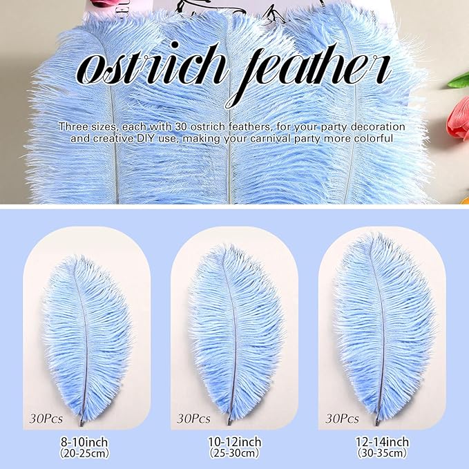 THARAHT Ostrich Feathers 90pcs Large Natural Bulk for Vase Crafts Wedding Party Centerpieces Christmas Tree Decoration Feathers,Babyblue
