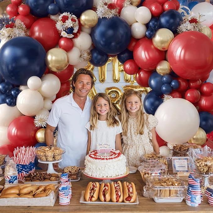 Red White and Blue Balloons Arch Kit - 124 PCs Double Stuffed Red Navy Blue Sand White Gold Latex Balloons for Graduation Birthday Party Veterans Day Decorations
