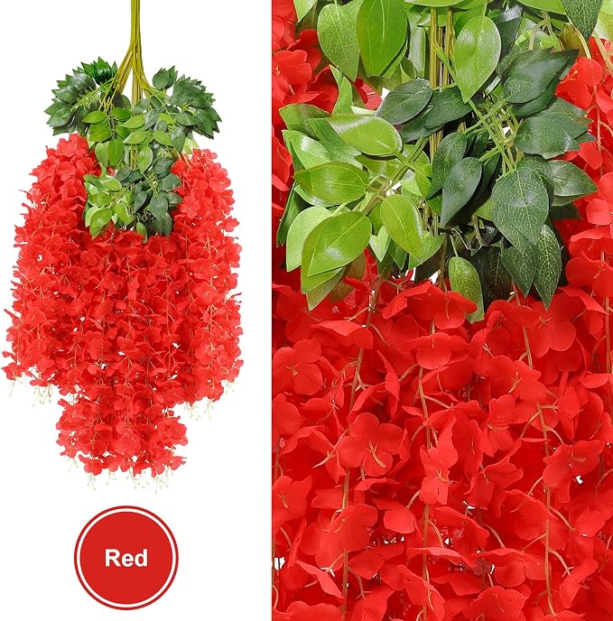 U'Artlines 24 Pack (Total 86.4 Feet) Artificial Fake Wisteria Vine Rattan Hanging Garland Silk Flowers String Home Party Wedding Decor (24, Red)