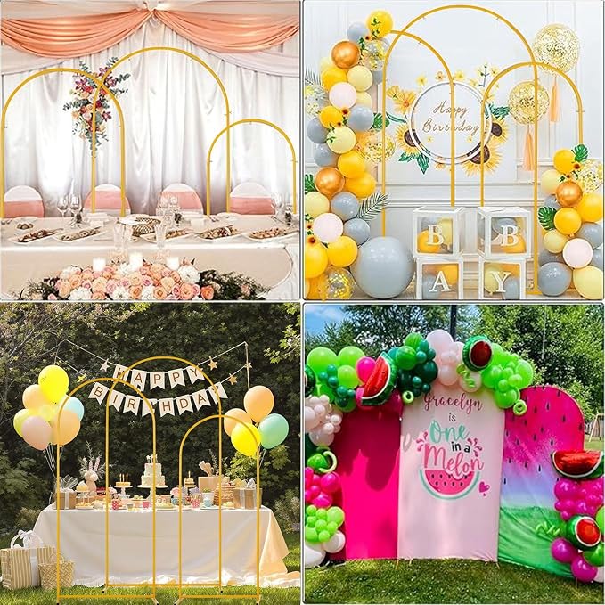 Vincidern 3pcs Metal Wedding Arch Backdrop Stand, Party Arch Stand, Balloon Arch Backdrop for Wedding Ceremony, Baby Shower, Birthday Party, Bridal Shower, Graduation Decor, Gold,7.2FT, 6.6FT, 5.9FT