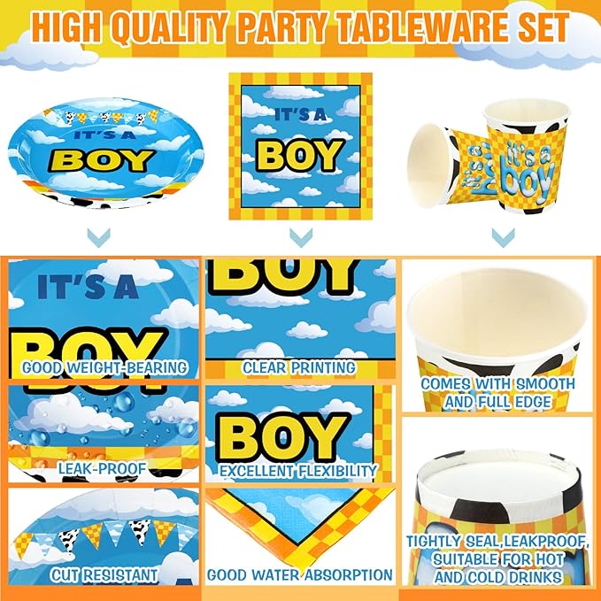 Hushee 200 Pcs Cartoon Story Baby Shower Paper Plates Napkins Cups Baby Shower Party Supplies Tableware Set Disposable Cup Napkin for 50 Guest Party Decoration