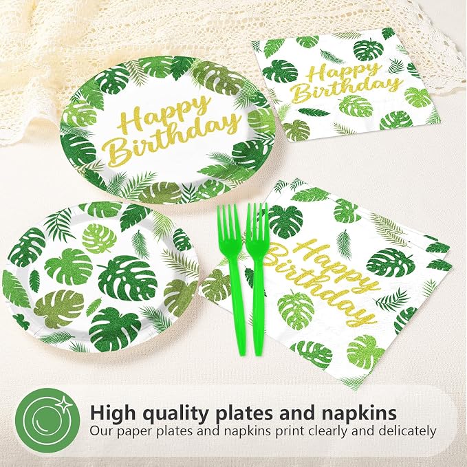 96Pcs Tropical Leaf Birthday Decorations Monstera Palm Leaf Plates and Napkins Hawaiian Luau Tableware Set for Birthday Hawaiian Summer Pool Beach Baby Shower Party Supplies, Serves 24