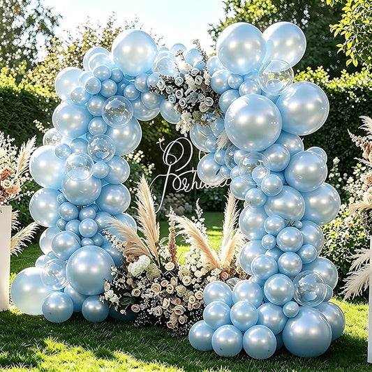 Pearl Blue Balloons, 98PCS Double Stuffed Baby Light Blue Balloon Garland Arch Kit, 18/12/10/5 Inch Different Sizes for Birthday Baby Bridal Shower Wedding Party Decorations