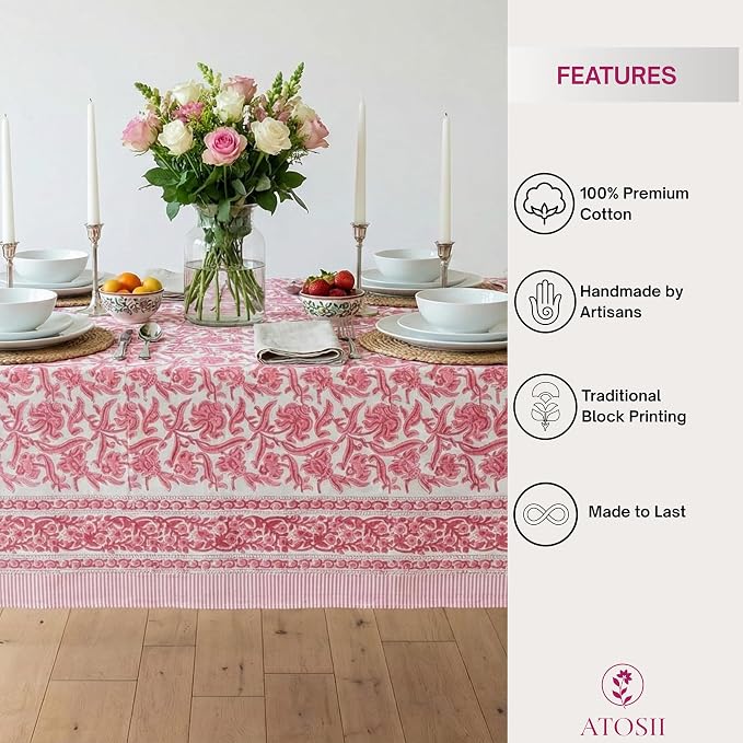 ATOSII Red Bloom 100% Cotton Tablecloth, Handblock Print Square Table Cover for Kitchen Dining I Tabletop Linen I Parties, Wedding, Spring SummerTable Cloth 60 X 60 Inches
