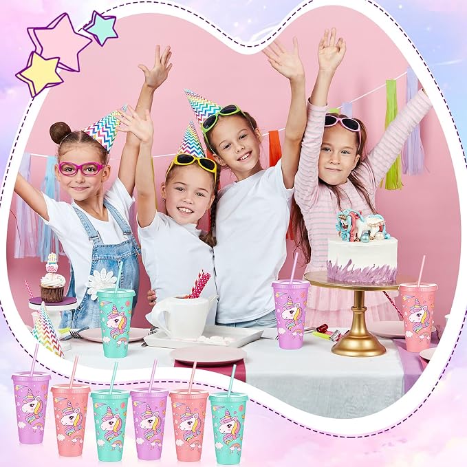 Uiifan 24 Pcs Unicorn Cups Party Favors Goodie Cups Unicorn Birthday Decorations 24 oz Plastic Reusable Tumbler with Lid and Straw Birthday Party Favors Supplies for Girls Boys