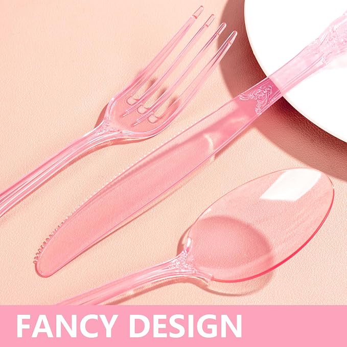 150PCS Pink Plastic Silverware - Heavy Duty Elegant Disposable Utensils - Vintage Baroque Cutlery Set Disposable Includes 50Forks, 50Spoons, 50Knives for Dinner Party Wedding
