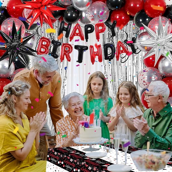 Red Birthday Decorations for Men Women Boys Girls, 91PCS Red Black and Silver Happy Birthday Decorations Kit- Happy Birthday Banner, Star Balloons Arch, Tablecloth, Fringe Curtain, Bday Party Supplies