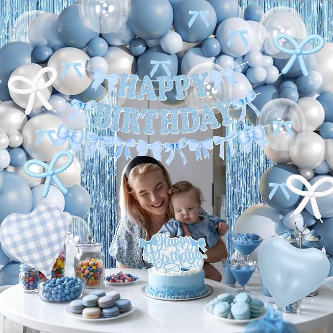 Dusty Blue Bow Birthday Decorations, Coquette Bow Blue White and Clear Balloons with Happy Birthday Banner Fringe Curtain Cake Toppers for Women Girls Baby Shower Party Supplies