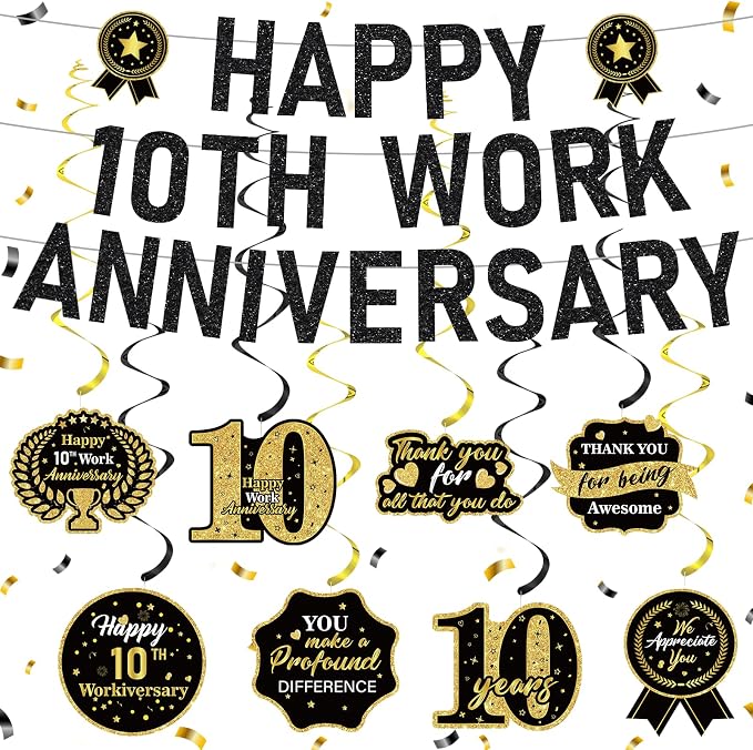 11pcs 10 Year Work Anniversary Decorations Black Gold Happy 10th Work Anniversary Banner Hanging Swirls Employee Appreciation Decorations Supplies 10 Year Workiversary Gifts for Employee Worker