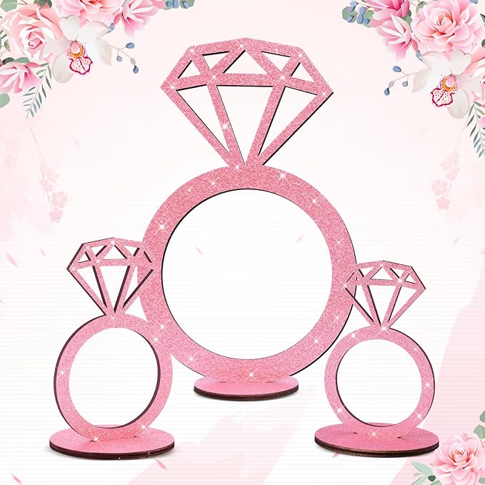 3 PCS Bridal Shower Centerpieces for Tables Diamond Ring Sign Table Centerpieces Pink Glitter Wooden Diamond Ring Sign Decor for Wedding Anniversary Supplies Batcholette Engagement Party