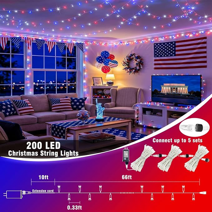 200 LED Red White and Blue Lights, Connectable 66Ft 4th of July Decorations String Lights Clear Wire, Waterproof Patriotic Light Plug in for Independence Day, Memorial Day Indoor Outdoor Decor