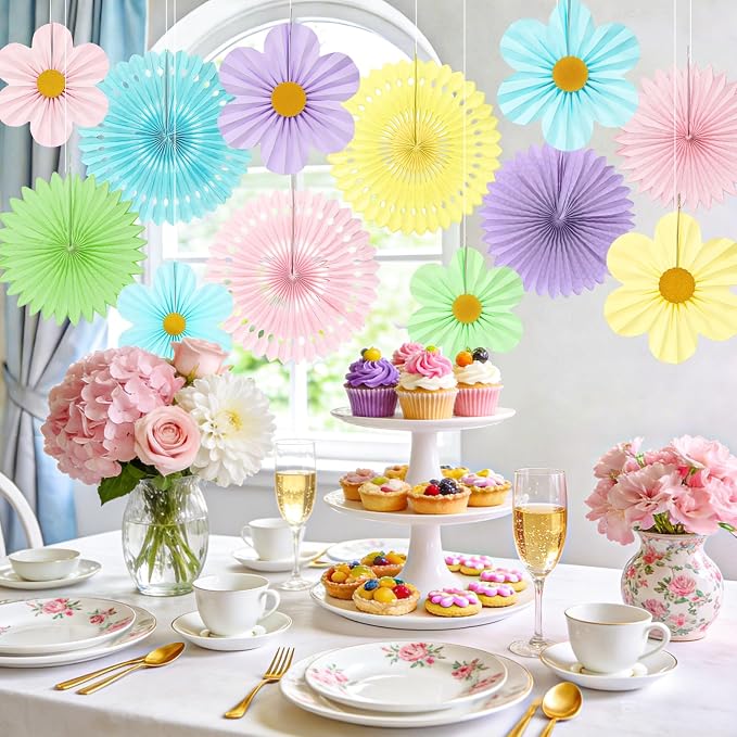 Pastel Paper Fans Party Decorations, 12PCS Macaron Flower Wall Backdrop for Gender Reveal, Boho Rainbow Birthday, Wedding, Bridal Shower & Nursery Decor, Easter