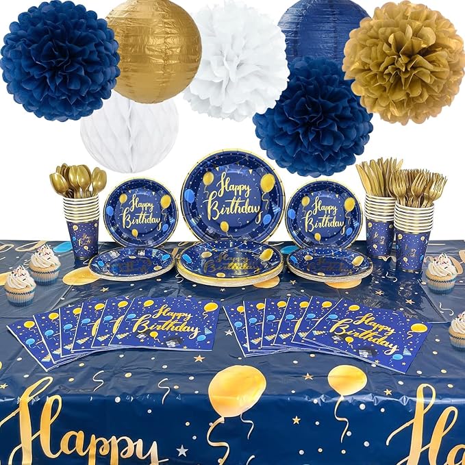 Navy Blue Gold White Paper Flowers Tissue Pom Poms Honeycomb Lanterns 15pcs Royal Party Decorations Birthday Wedding Baby Bridal Shower Bachelorette Graduation Hanging Supplies Mprocherify