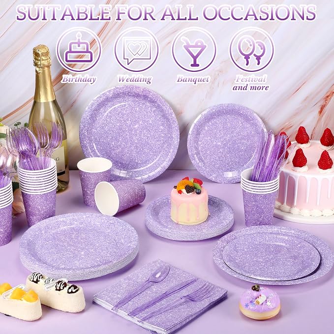 Hushee 350 Pcs 50 Guests Pastel Purple Paper Party Plates and Cups Napkins Sets Holographic Glitter Disposable Dinnerware Plastic Forks Knives Spoons Birthday Bachelorette Wedding Party Supplies