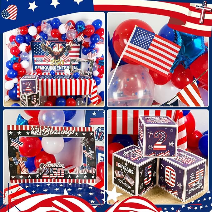 170Pcs 250th Anniversary Decorations, ALL-IN-1 Patriotic Party Supplies Red White Blue Balloon Arch American 250 Decorations Backdrop for 4th of July Independence Day Semiquincentennial Celebration