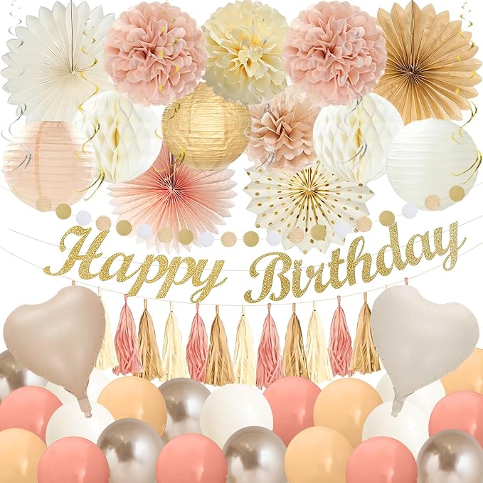 56 Pcs Champagne-Gold Beige Boho Birthday Decorations for Women Girls, Happy Birthday Banner, Cream Neutral Balloons, Tassel Garland, Peach Paper Lanterns, Tissue Pom Poms Fan, Rustic Backdrop Decor
