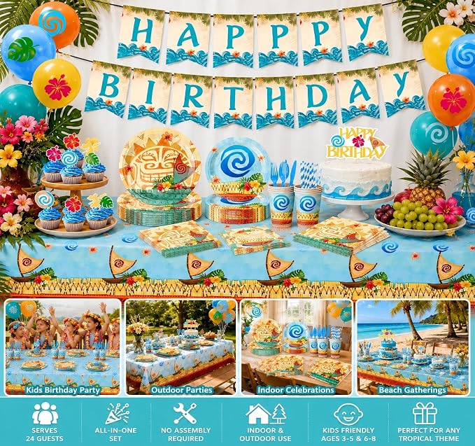 170PCS Tropical Birthday Party Decorations Set - Hawaiian Luau Tableware Set with Plates, Cups, Napkins, Cutlery, Tablecloth & Banner for Ocean Princess Party Supplies, Serves 24 Guests