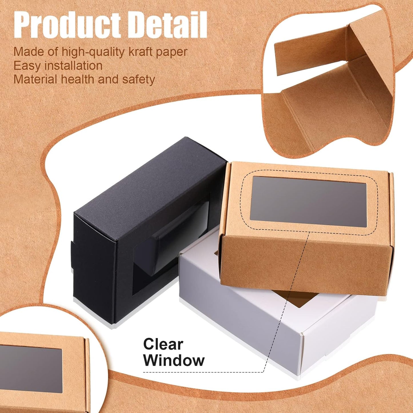 Zonon 30 Pcs Soap Boxes for Homemade Packaging, Mini Kraft Treat Boxes with Window for Bakery Candy Soap Making Gift Packaging(3.5 x 2.4 x 1.2 Inch,Black Brown White)