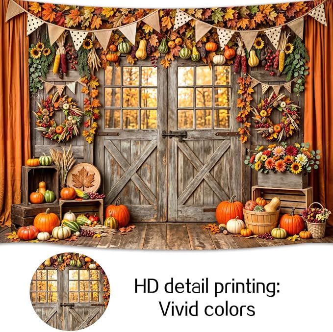 10 x 8 ft Fall Backdrop Barn Door Maple Leaves Pumpkin Design - Autumn Thanksgiving Harvest Friendsgiving & Birthday Party Decorations