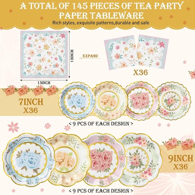 Yungyan 145 Pcs 36 Guests Tea Birthday Party Supplies Disposable Tableware Set 9 oz Paper Tea Cups with Handle 7" 9" Paper Plates Napkin Tablecloth for Floral Party Wedding Baby Shower