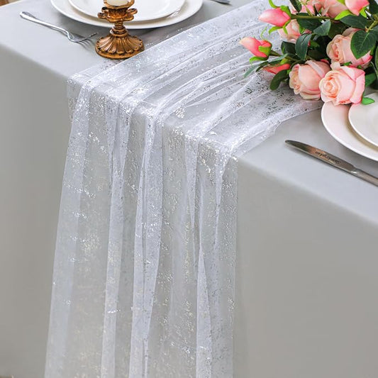 Snowkingdom White Silver Table Runner Gauze Sheer Tulle 10 FT 120 Inch Sparkly Metallic Foil Glitter Sequin Party Table Decor Centerpieces for Party Wedding Bridal Baby Shower Christmas New Year