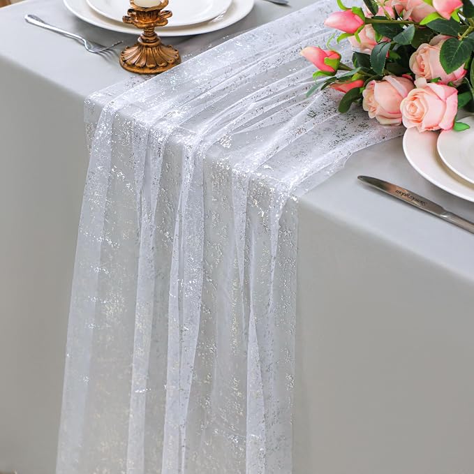 Snowkingdom 10 Pcs 10 FT Silver Table Runners, Sheer Chiffon Gauze Cheesecloth Runner, Sequin Glitter Silver Party Table Decoration Centerpieces for Wedding Christmas Birthday Bridal Baby Shower
