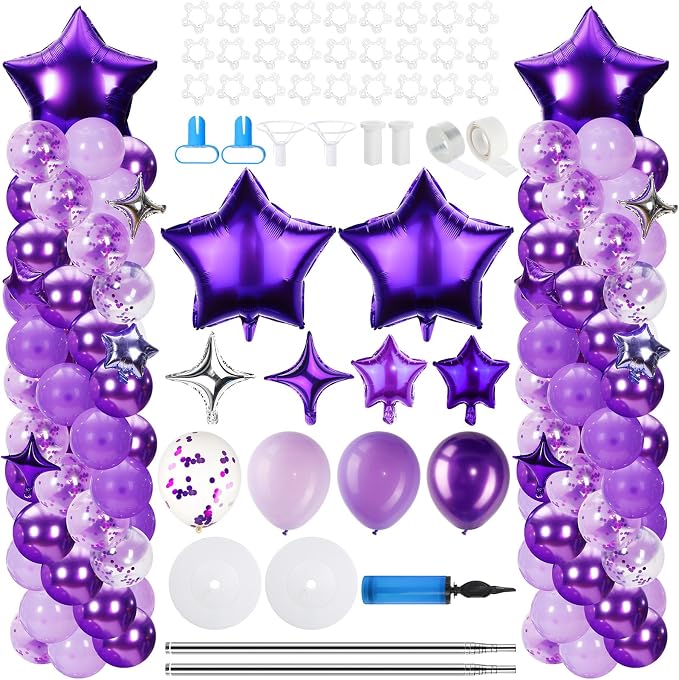 Gejoy 110 Pcs Purple Silver Balloons Column Stand Kit Adjustable Tower Stand from 1.4 to 6.6 ft with Bases for Back to School Wedding Birthday Baby Shower Party
