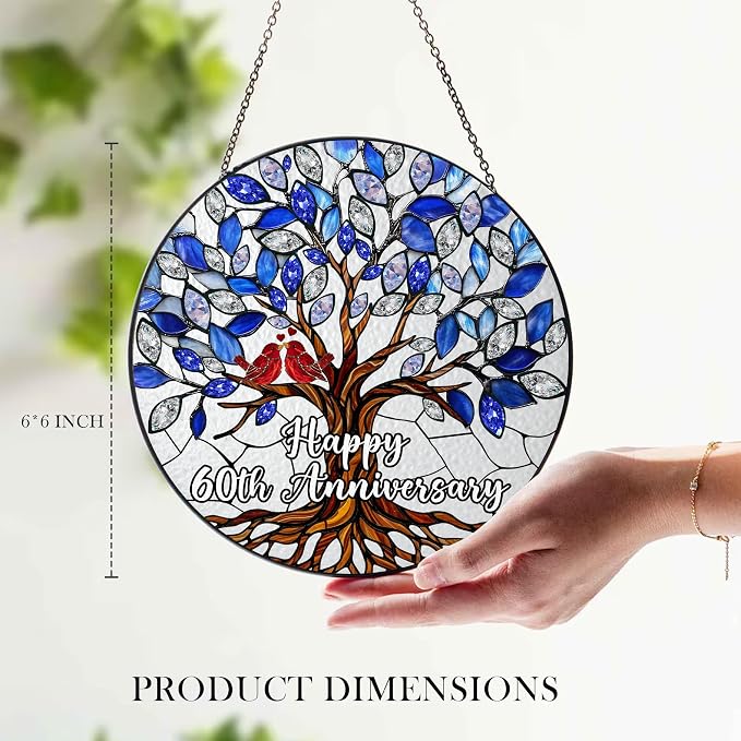 60th Wedding Anniversary Stained Glass Suncatcher, 6x6' Diamond Anniversary Decorations, 60th Celebration Marriage Gifts for Parents, Couple, Wife & Husband, 60 Wedding Milestone Keepsake