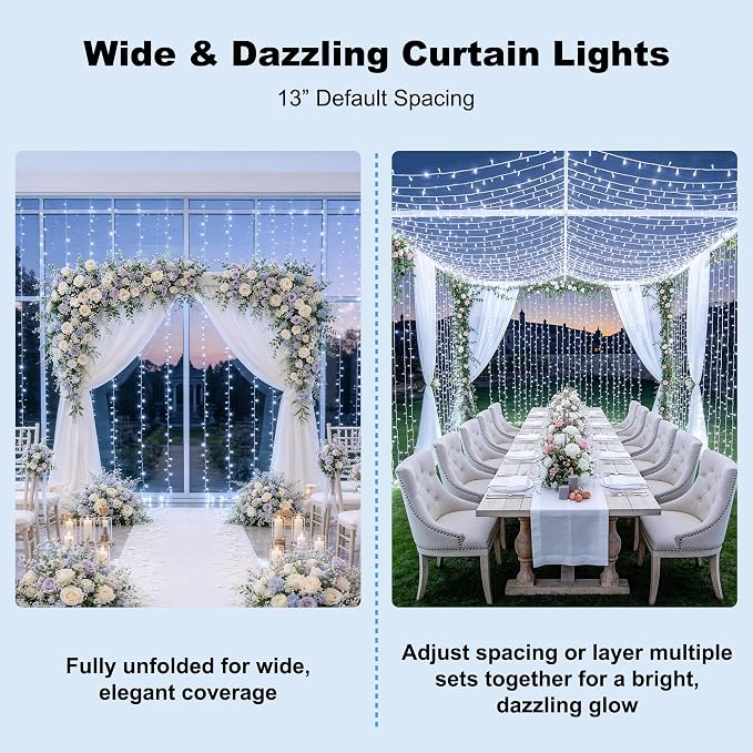 JMEXSUSS 9.5x29.5ft Curtain Lights Indoor Outdoor Decor with Remote, 900LED White Christmas Lights Plug in, Hanging String Lights for Bedroom, Wall, Window, Patio, Garden, Wedding, Reception, Backdrop