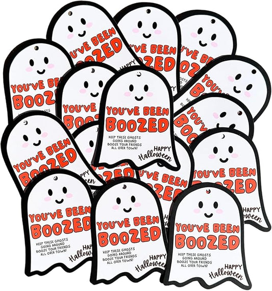 You’ve Been Boozed Ghost Shape Bottle Tags | 12 pk | Booed Halloween Game for Mini Bottle, Wine Bottle, Neighbor and Work Friendly Adult Game