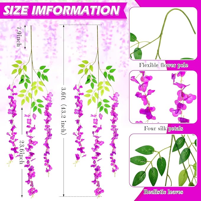 Yunsailing 108 Pack 43.2 in/ 3.6 ft Artificial Fake Wisteria Hanging Flowers Wisteria Faux Flowers Garland Silk Vine Rattan Long Hanging String for Home Outdoor Wedding Party(Rose Red)
