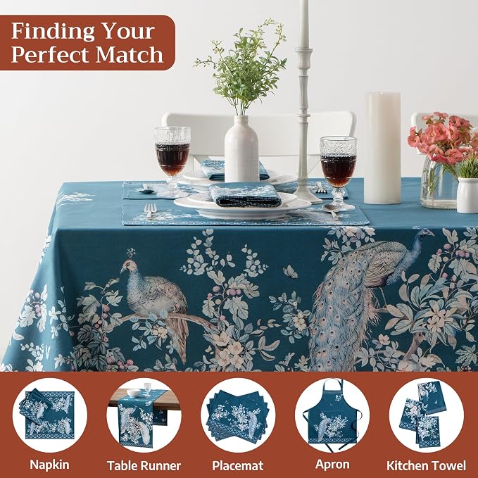 Maison d' Hermine Premium Table Cloth Rectangle Table 100% Combed Cotton 140 x 70 Inches Tablecloth Reusable Decorative for Dining Room, Farmhouse, Party, Festive & Wedding - Peacock Utopia - Deep Sea
