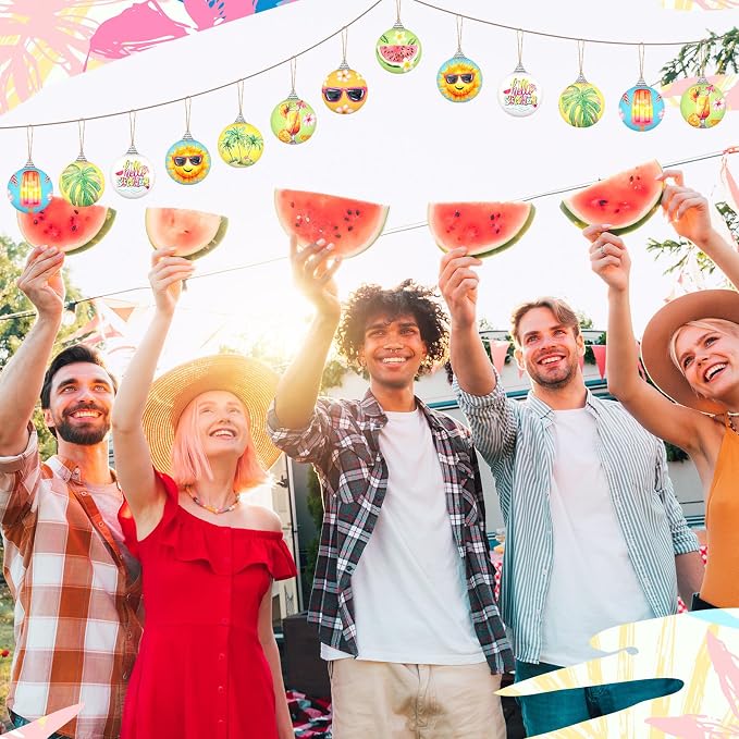 Outus 16 Pcs Summer Tree Ornaments Ball Hawaiian Style Ball Mini Summer Christmas Hanging Decoration for Tree Watermelon Tropical Leaf Coconut Palm Farmhouse Home Fireplace Holiday Party Decor